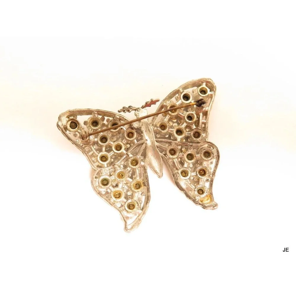 Vintage Art Deco Potmetal‎ Silver Toned Dark Blue Rhinestone Butterfly Pin *A667